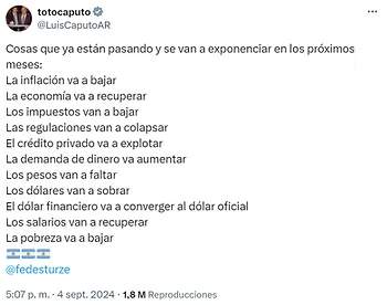 Posteo de Luis Caputo en X del 4 de septiembre de 2024 con sus pronósticos económicos